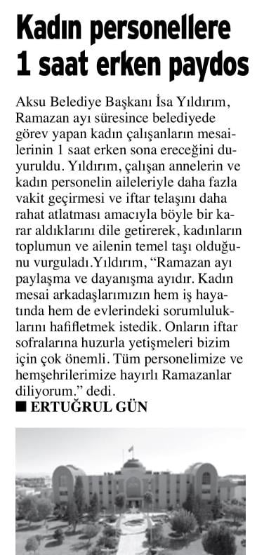KADIN PERSONELLERE 1 SAAT ERKEN PAYDOS