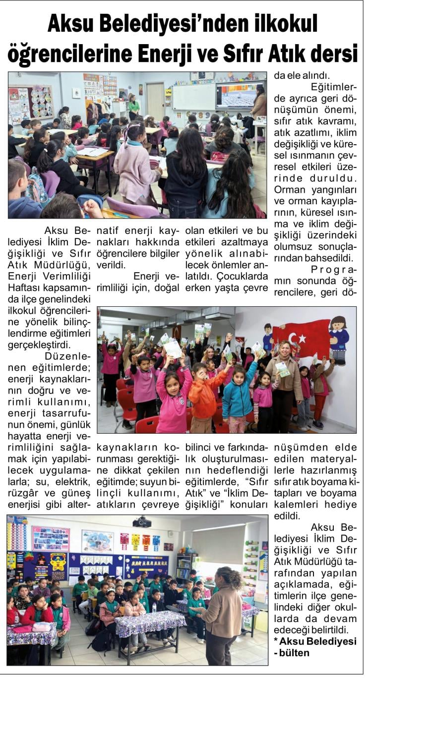 AKSU BELEDİYESİNDEN İLKOKUL ÖĞRENCİLERİNE ENERJİ VE SIFIR ATIK DERSİ